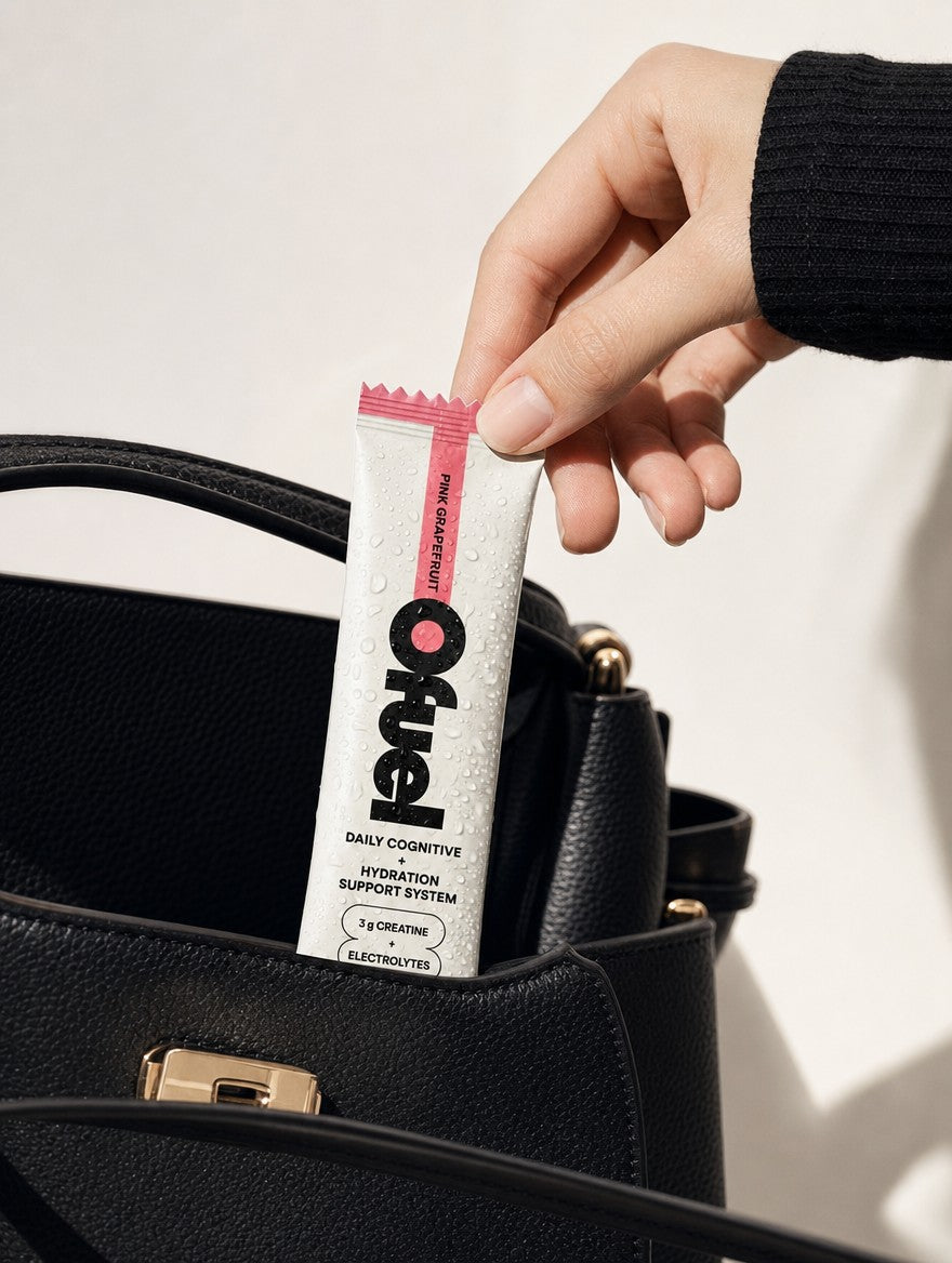 A hand slipping an Ofuel sachet into a black handbag.