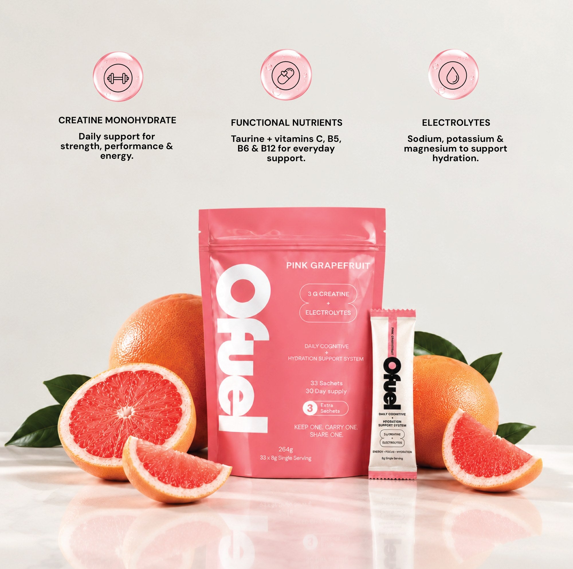 An Ofuel Pink Grapefruit pouch and single sachet with fresh grapefruit. Creatine monohydrate for daily strength, performance and energy. Functional nutrients: taurine plus vitamins C, B5, B6 and B12. Electrolytes: sodium, potassium and magnesium to support hydration.