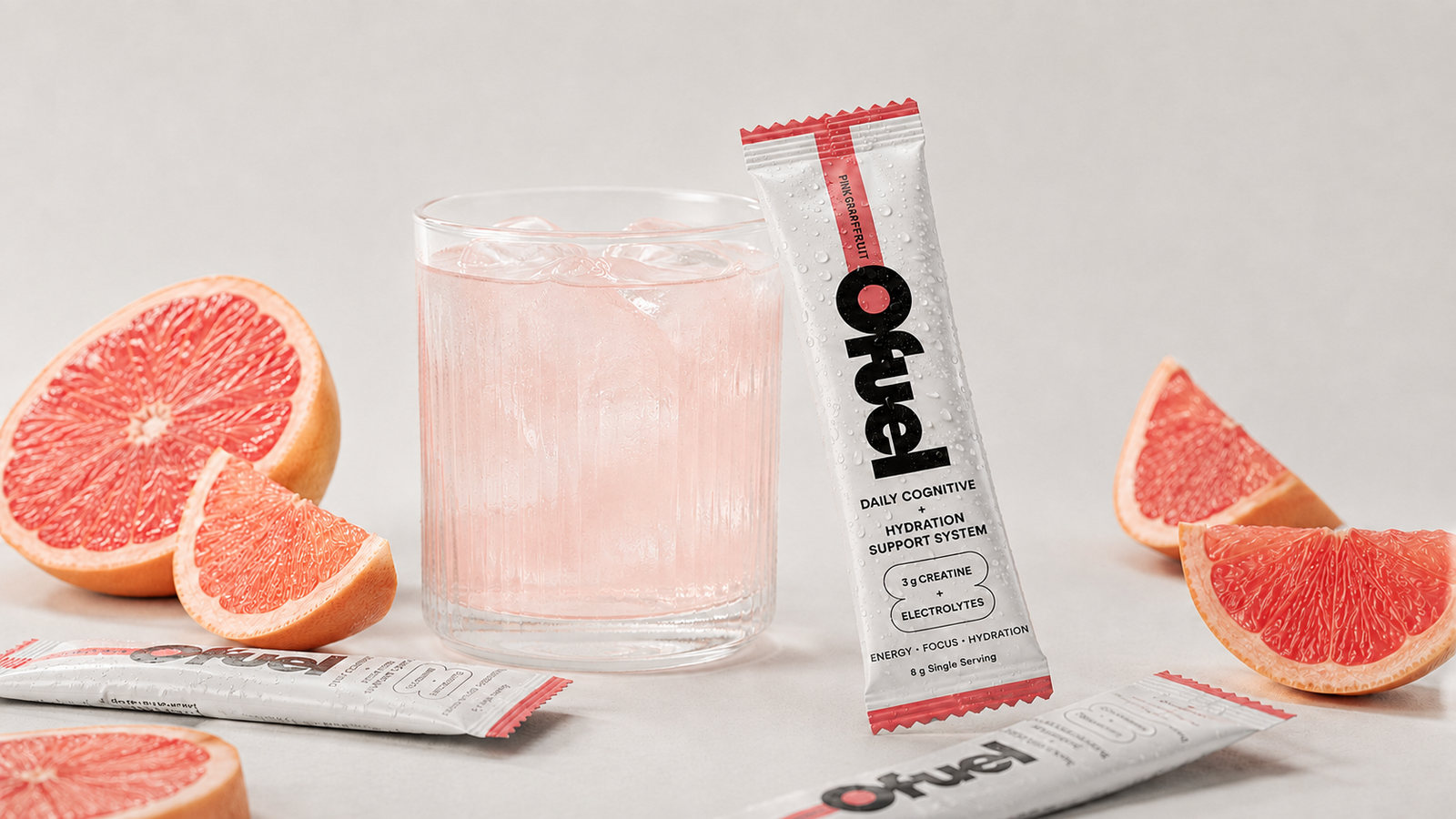 An Ofuel Pink Grapefruit sachet beside a glass of iced grapefruit drink and fresh grapefruit.